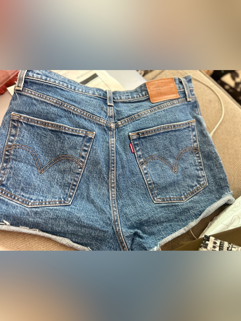 Levi's Blue Denim Shorts with Brown Leather Patch and Red Tab, LIKE NEW